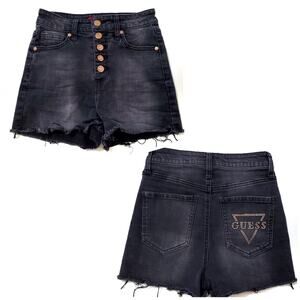 Guess | High Waist Distressed Button Up Shorts with Rhinestone Logo on Back
